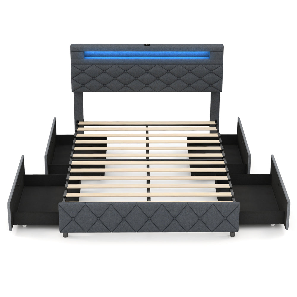 Full/Queen size bed frame with adjustable storage headboard, LED light, and four easy-slide storage drawers.