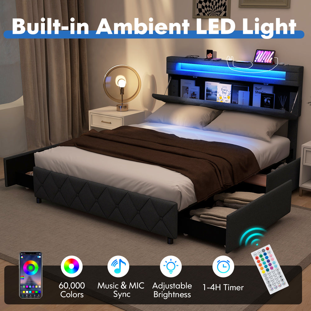 Full/Queen size bed frame with adjustable storage headboard, built-in LED light, and 4 storage drawers for convenience.