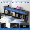Adjustable storage headboard with LED lights, USB ports, and side pockets for convenient bedside organization.