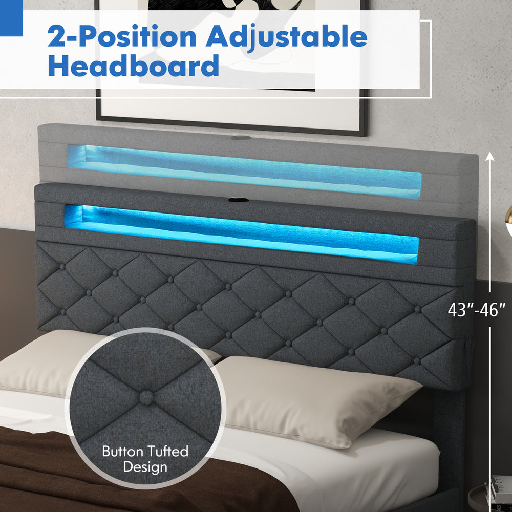 Adjustable headboard with ambient LED light, button-tufted design, and hidden storage for modern bedroom convenience.
