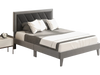 Full size platform bed with high headboard in gray velvet, featuring 12 plywood slats for mattress support and.