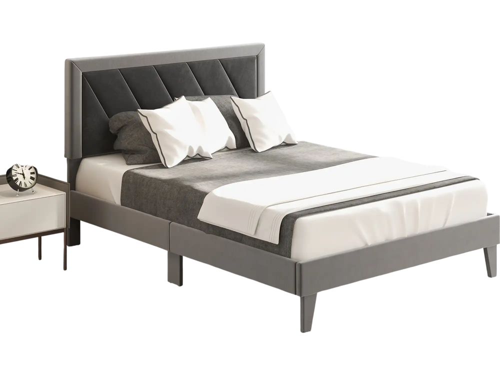Full size platform bed with high headboard in gray velvet, featuring 12 plywood slats for mattress support and.