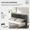 Cozy high headboard platform bed in velvet with wooden slats, designed for comfort and stability, perfect for restful.