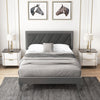 Full size platform bed with high velvet headboard, wooden slats, and stylish design for comfortable sleeping.