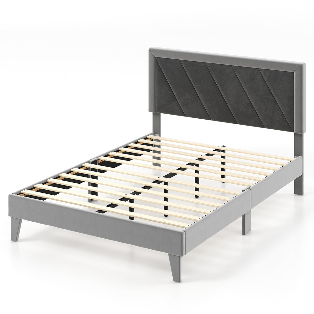 Full-size platform bed with high headboard, velvet upholstery, and wooden slats for stable mattress support.