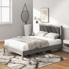 Full-size platform bed with high velvet headboard, wooden slats, and cozy design for comfortable sleeping and storage.