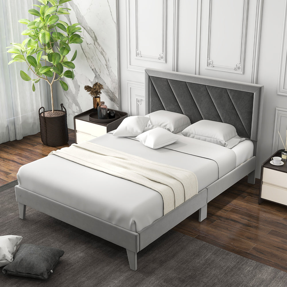 Full-size platform bed with high velvet headboard, wooden slats, and cozy design for comfortable sleep and storage.