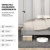 Full size platform bed with high headboard, wooden slats, and versatile clearance for storage underneath.