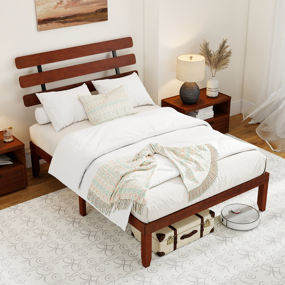 Full Size Bed Frame 15.5 Inch Solid Wood Platform Bed with Retro Headboard - Gallery View 1 of 10
