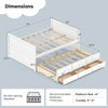 Full size bed frame with twin trundle and 3 storage drawers, featuring plywood slats for stability, in white.