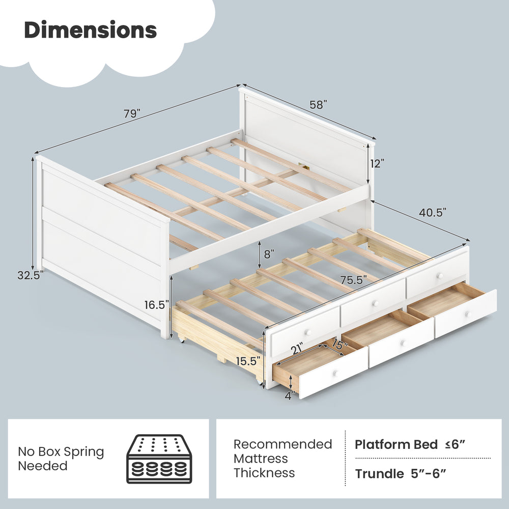 Full size bed frame with twin trundle and 3 storage drawers, featuring plywood slats for stability, in white.