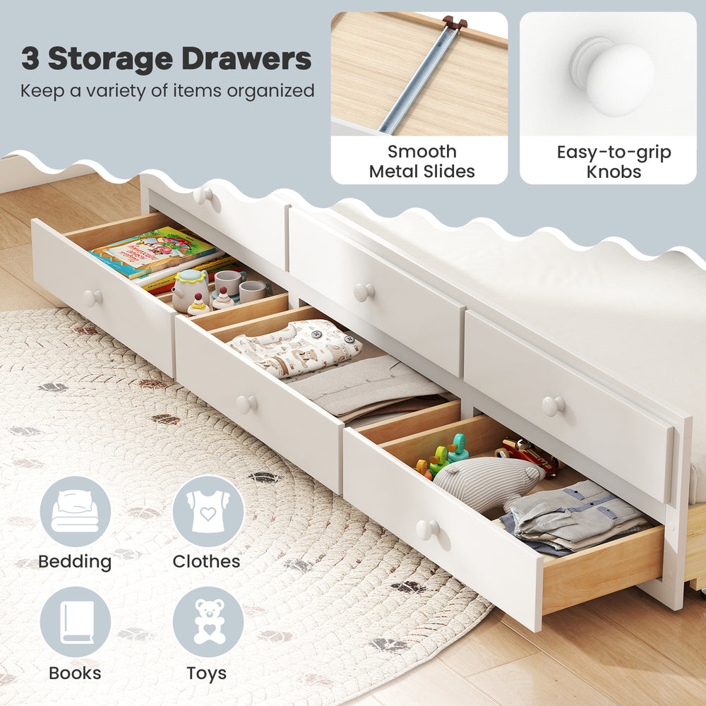 Full size bed frame with three storage drawers, featuring smooth metal slides and easy-to-grip knobs for organization.