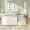 Full size bed frame in white with twin trundle, showcasing 3 spacious storage drawers for organized bedroom space.