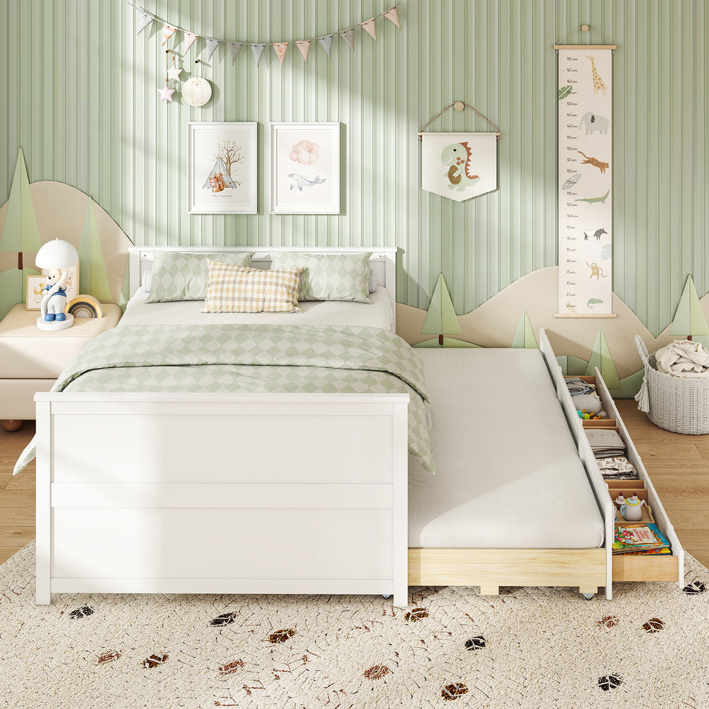 Full size bed frame in white with twin trundle, showcasing 3 spacious storage drawers for organized bedroom space.