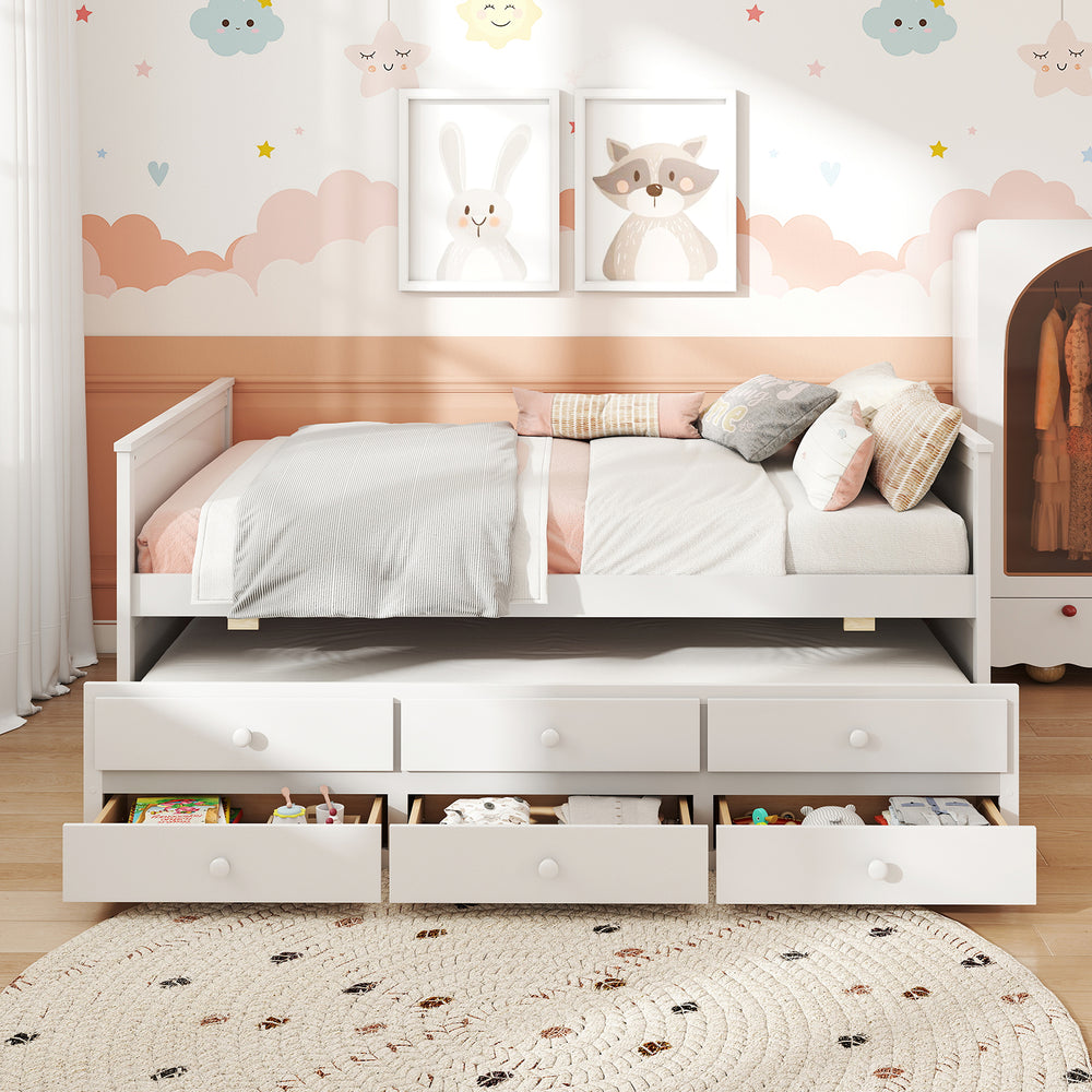 Full size bed frame with twin trundle and three storage drawers in white, ideal for teens and guest rooms.