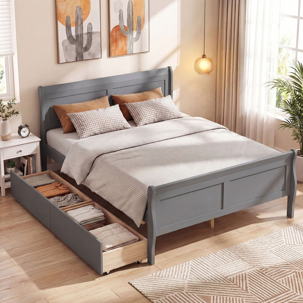 Full size gray bed frame with modern headboard, 2 storage drawers, and footboard, perfect for kids and teens.