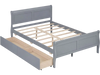 Full size gray bed frame with modern headboard, curved footboard, and two storage drawers for kids and teens.