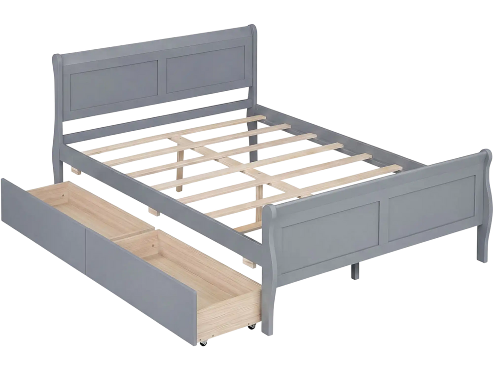 Full size gray bed frame with modern headboard, curved footboard, and two storage drawers for kids and teens.