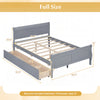 Full size bed frame in gray with two storage drawers, modern headboard, and curved footboard for kids and adults.