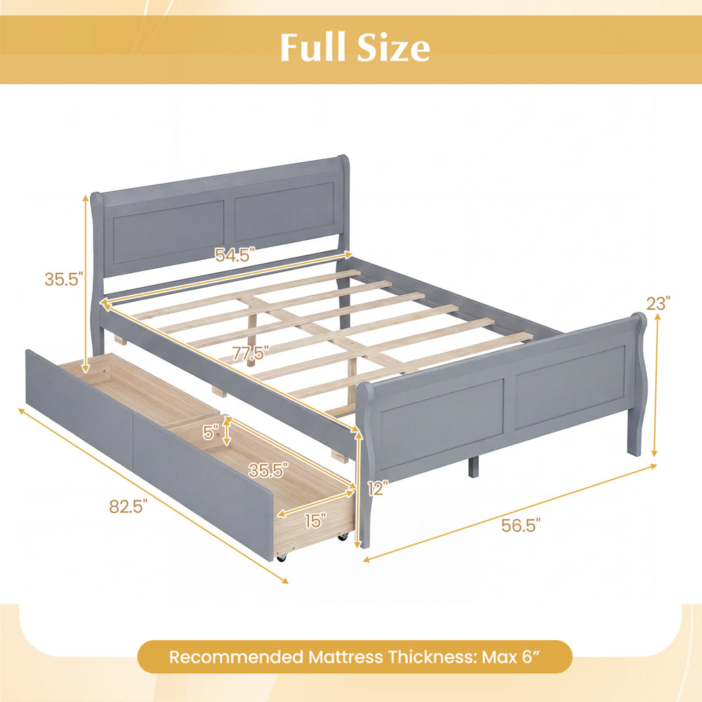 Full size bed frame in gray with two storage drawers, modern headboard, and curved footboard for kids and adults.