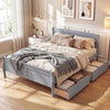 Full size gray bed frame with modern headboard, two storage drawers, and footboard for kids and adults.