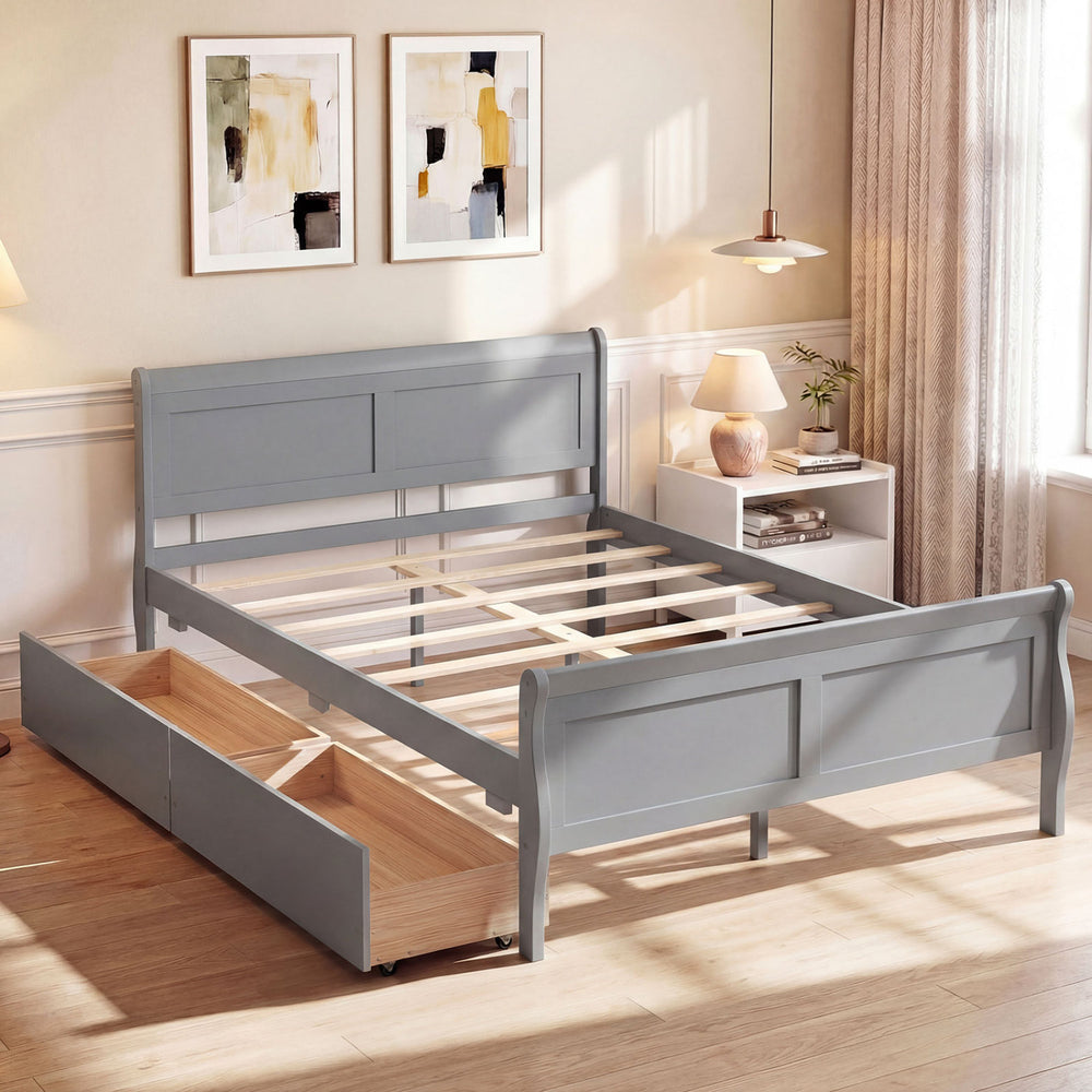 Full size gray bed frame showcasing the elegant curved footboard and robust plywood slats for stability and style.