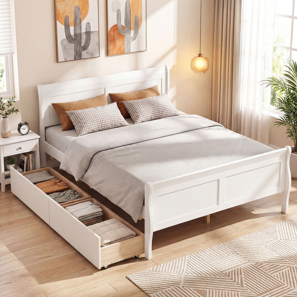 Full Size Bed Frame with 2 Storage Drawers and Footboard for Kids Teens Adults-White - Gallery View 1 of 11