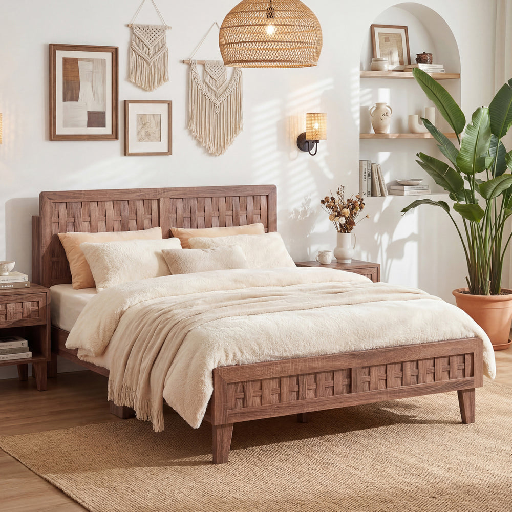 Full Size Bed Frame Mid Century with Woven Accent Headboard - Gallery View 1 of 10