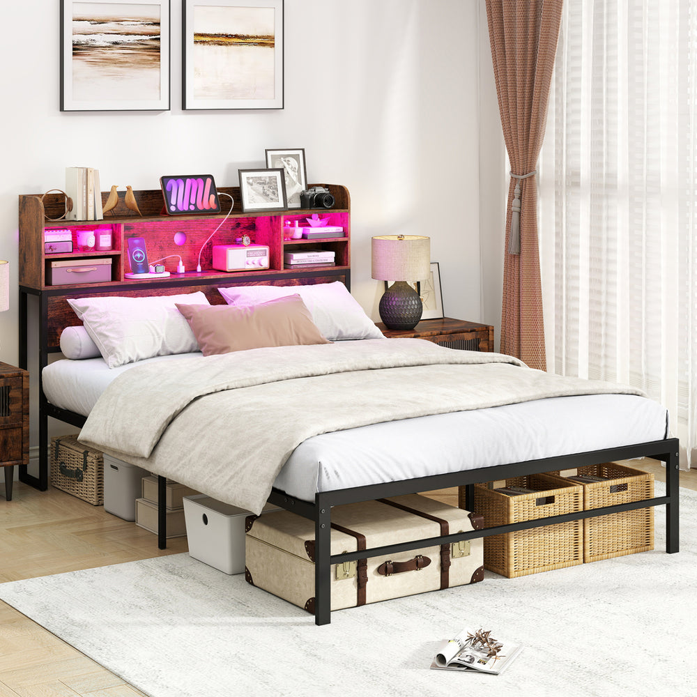 Full size bed frame in rustic brown with LED lights and charging station, featuring a stylish headboard and storage.