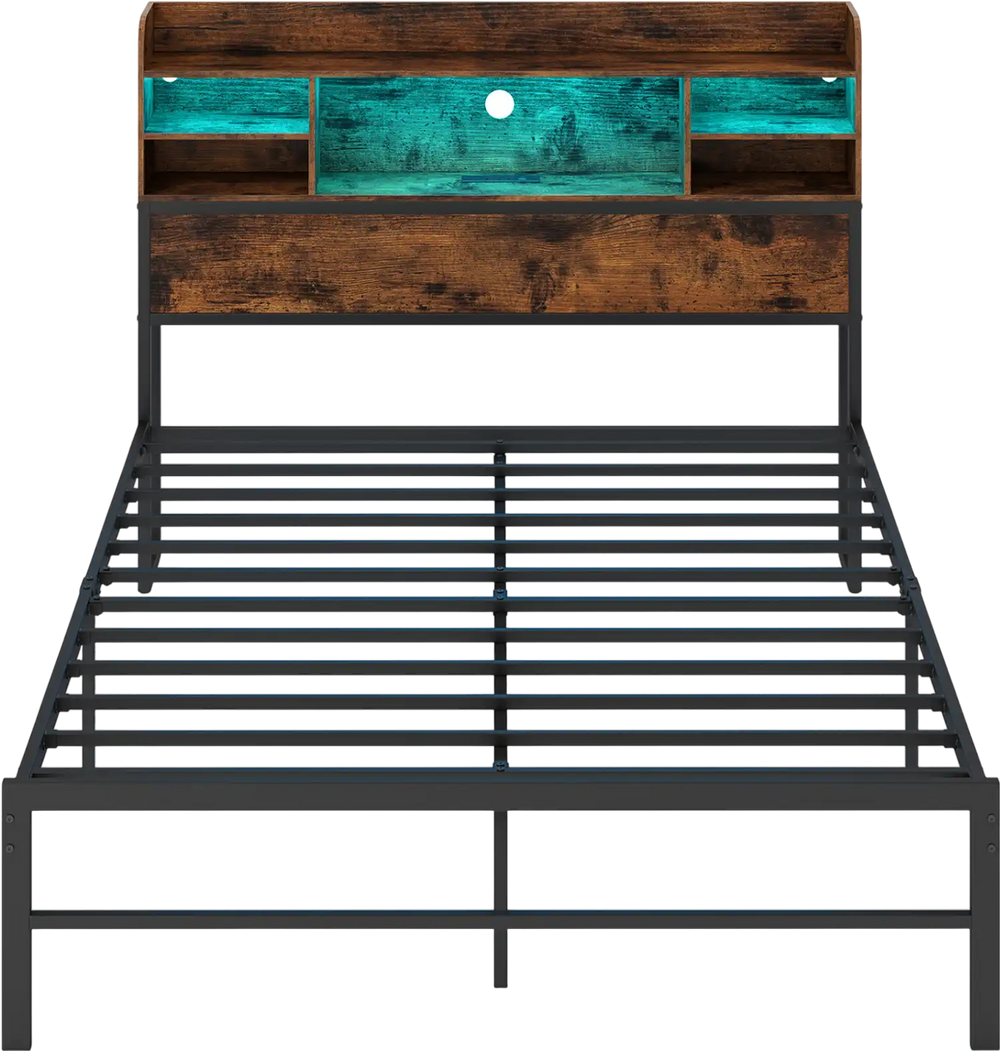 Full size bed frame with rustic brown headboard, LED lights, and charging station for modern bedroom convenience.