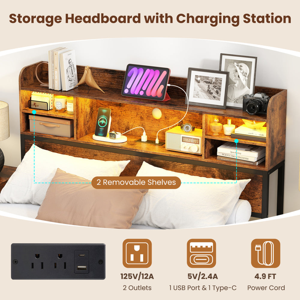 Full size bed frame with rustic brown headboard, LED lights, and charging station featuring two outlets and a USB port.