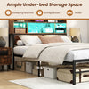 Full size bed frame in rustic brown with under-bed storage space for boxes and shoes, featuring LED lights and charging.