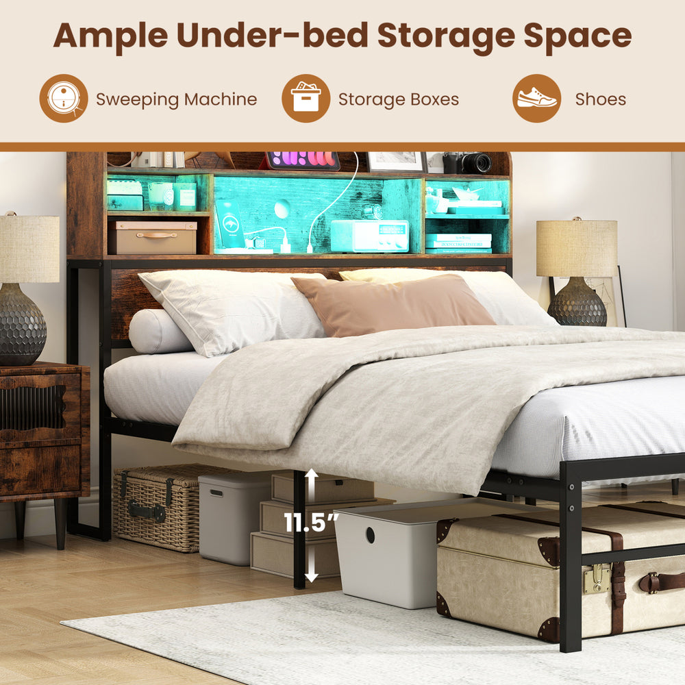 Full size bed frame in rustic brown with under-bed storage space for boxes and shoes, featuring LED lights and charging.
