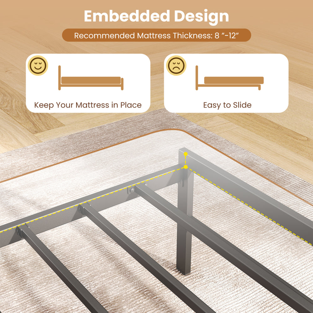 Full size bed frame in rustic brown with embedded design for mattress stability and easy sliding, featuring LED lights.