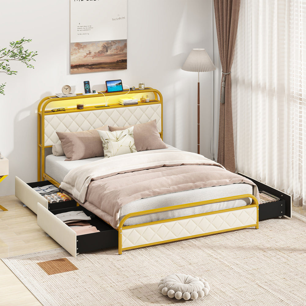 Twin/Full/Queen Size Bed Frame with LED Lights and Charging Station Gold-Full Size - Gallery View 1 of 10