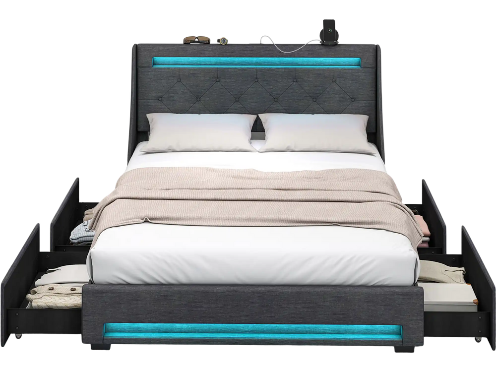 Full size bed frame with grey fabric, LED lights, and remote control for adjustable ambiance and charging convenience.