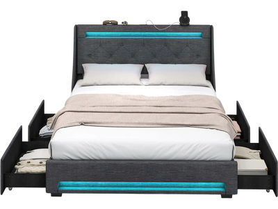 Costway Full Bed Frame LED Wingback Headboard Charging Station Grey 42173965 New