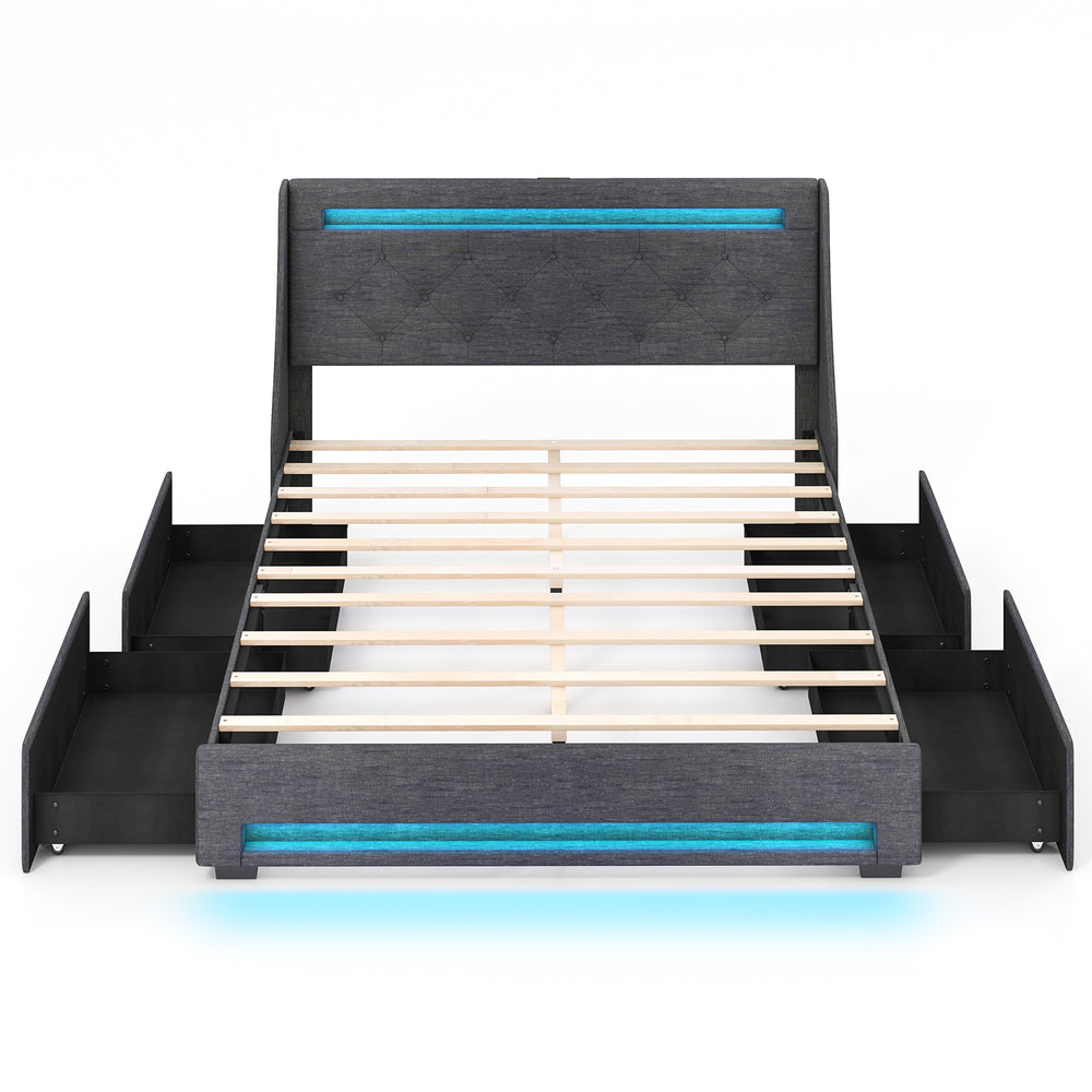 Full size bed frame with grey wingback headboard, LED lights, and four large drawers for organized storage.
