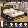 Full size bed frame in grey with LED lights, wingback headboard, and four large drawers for organized storage.