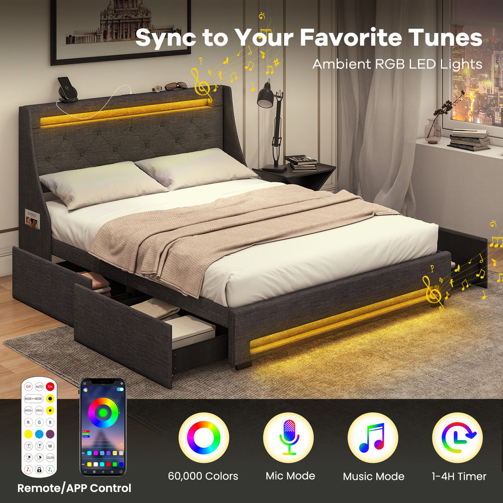 Full size bed frame in grey with LED lights, wingback headboard, and four large drawers for organized storage.