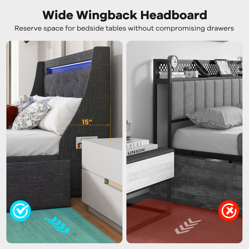 Wide wingback headboard with built-in LED lights and charging station, designed for full-size bed frame in grey.