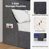 Full size bed frame in grey with button-tufted headboard, LED lights, and side storage pouches for convenient.