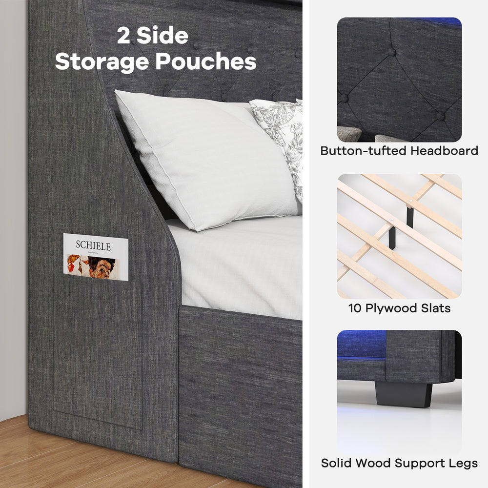 Full size bed frame in grey with button-tufted headboard, LED lights, and side storage pouches for convenient.