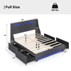 Full size bed frame with LED lights, showcasing a button-tufted grey headboard and dimensions for a stylish bedroom.