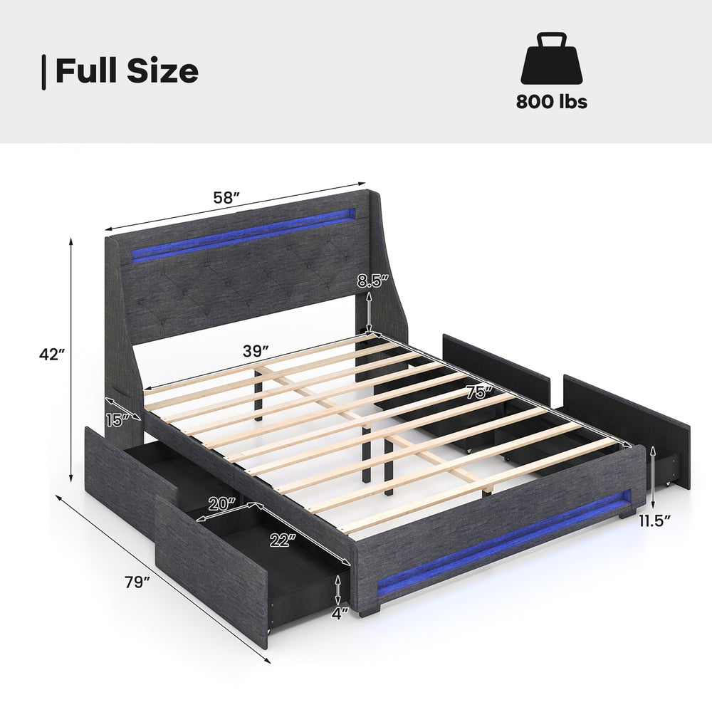 Full size bed frame with LED lights, showcasing a button-tufted grey headboard and dimensions for a stylish bedroom.