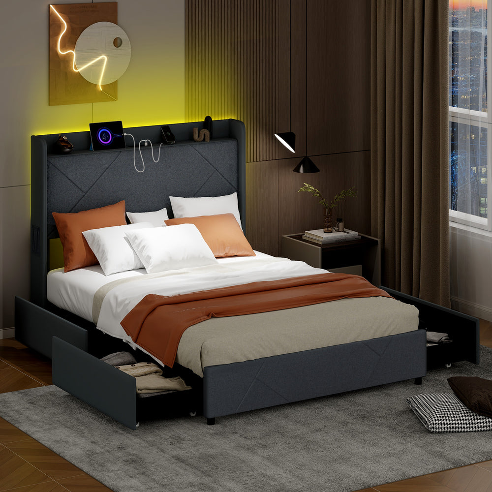 Full/Queen Size Bed Frame with LED Lights and Charging Station-Full Size - Gallery View 1 of 10