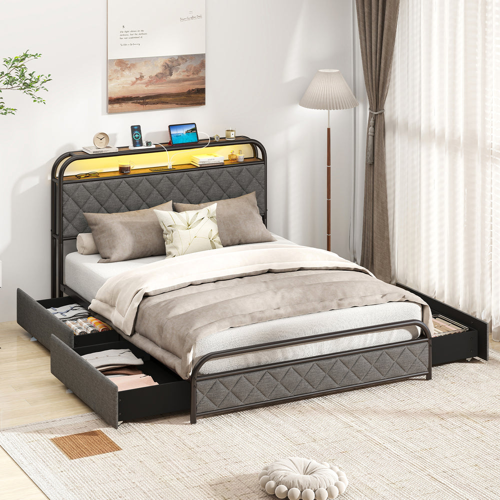 Twin/Full/Queen Size Bed Frame with LED Lights and Charging Station-Full Size - Gallery View 1 of 16