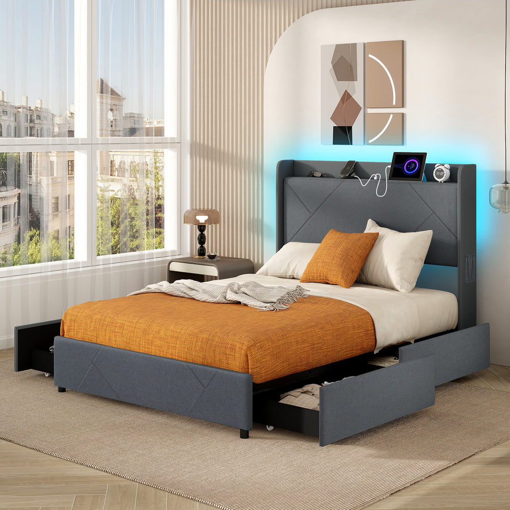 Full/Queen bed frame featuring a wingback design, customizable LED lights, and a stylish storage shelf for convenience.