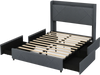 Full/Queen size bed frame with LED lights, upholstered headboard, and four spacious slide-out storage drawers.