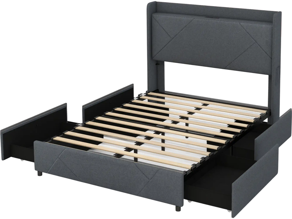 Full/Queen size bed frame with LED lights, upholstered headboard, and four spacious slide-out storage drawers.